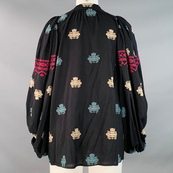 VANESSA BRUNO XS Black Multi Color Cotton Blend Embroidered V-Neck Tunic Blouse - Picture 4 of 6